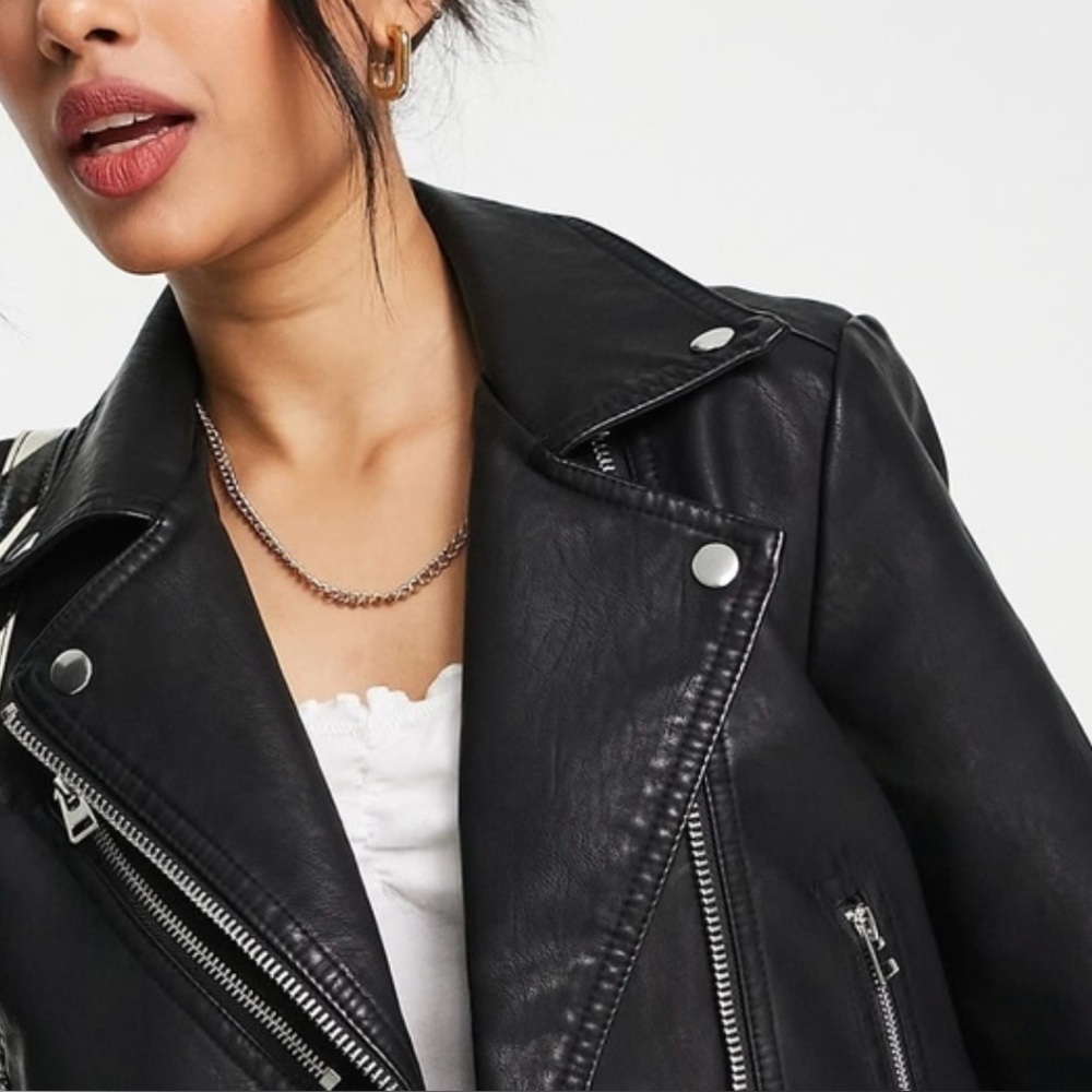 Topshop BLACK Faux Leather Biker Moto Classic Minimalist Jacket Size 4 - Picture 5 of 13